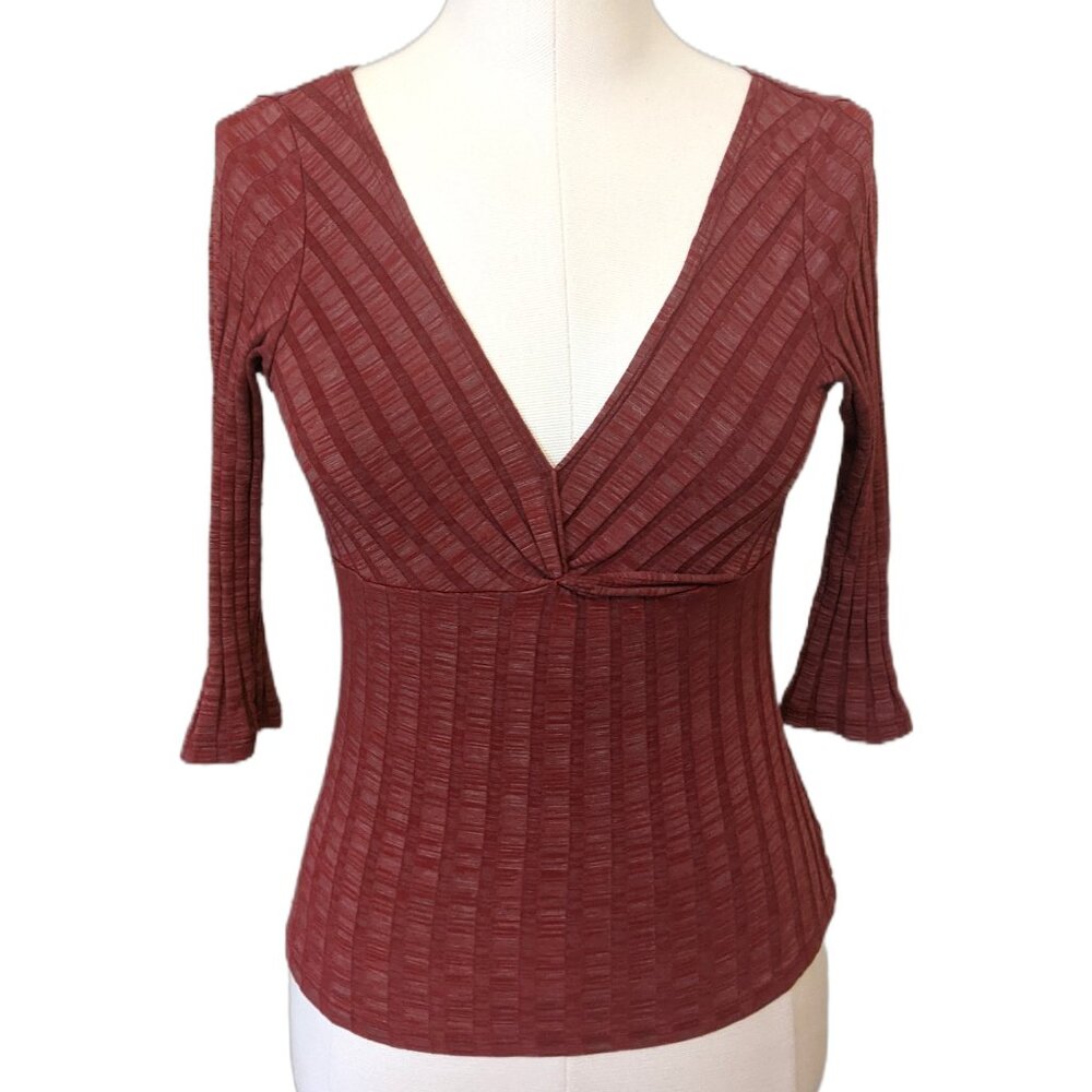 Vintage Y2K Red Ribbed Babydoll Top 3/4 Sleeve V Neck Burgundy Heather Sz S